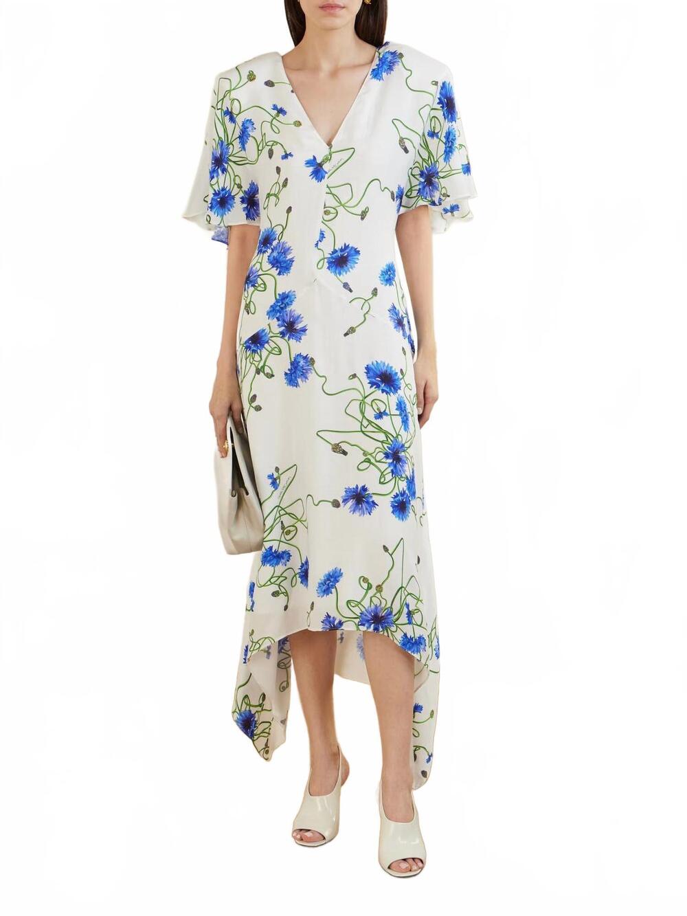 NEW STELLA MCCARTNEY floral silk v neck midi dress in blue multi